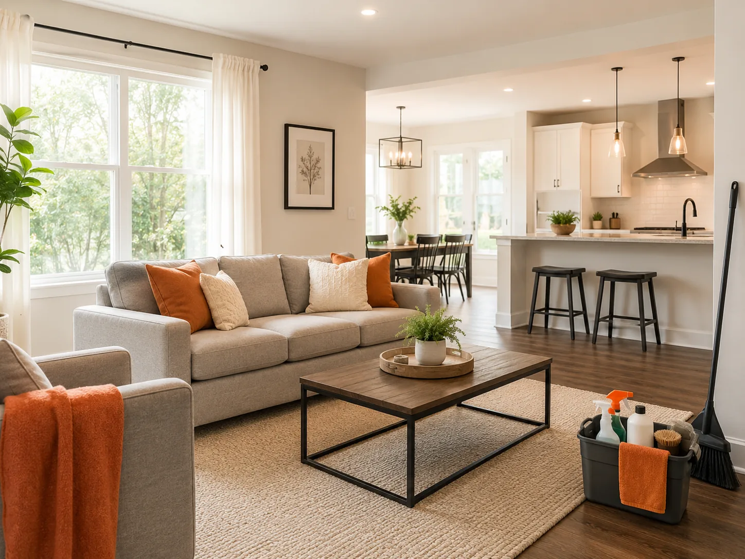 Clean living room and kitchen with professional cleaning supplies